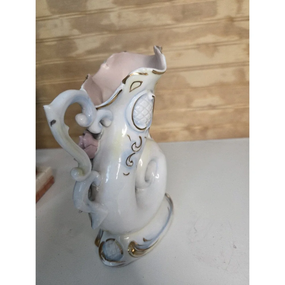 Vintage Ucagco Japan Porcelain‎ Vase Applied Flowers Gold Trim Pitcher Boy Spill